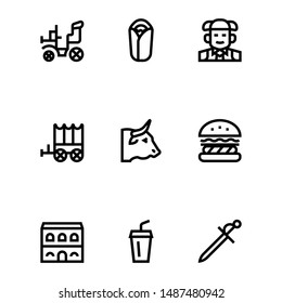 Simple Set of carriage, kebab, bullfighter, cart, bull, burger, bullring, drink, sword Related Vector Line Icons.