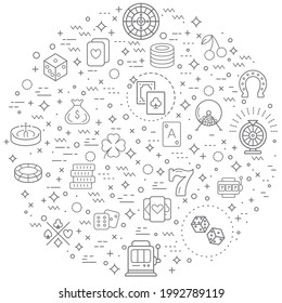 Simple Set of Casino and Gambling Related Vector Line Illustration. Contains such Icons as cherry, cards, chips, dice, slot machine, seven, coin, heart, money, horseshoe and Other Elements.
