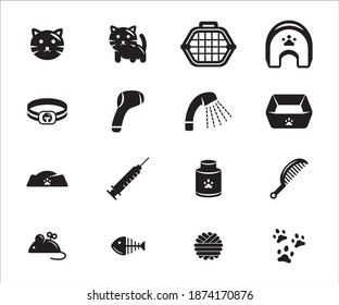 Simple Set of cat veterinary Related Vector icon user interface graphic design. Contains such Icons as cat face, cat avatar, cage, house, collar, shower, thermometer, food box, syringe, vitamin, yarn