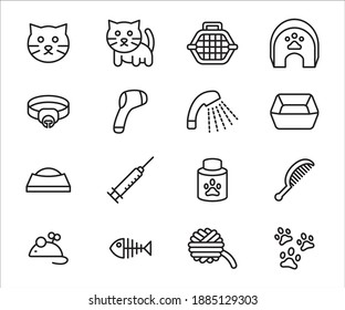 Simple Set of cat veterinary Related Vector icon user interface graphic design. Contains such Icons as cat face, cat avatar, cage, house, collar, shower, thermometer, food box, syringe, vitamin, yarn