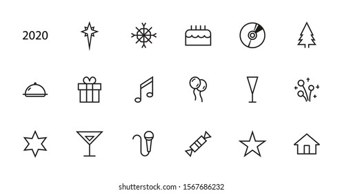 Simple set of celebration icons related to vector line. Contains icons such as music, new year, stars, balls, cake, karaoke, dj and much more. Editable stroke. 48x48 pixels perfect