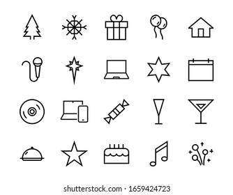 Simple set of celebration icons related to vector line. Contains icons such as music, new year, stars, balls, cake, karaoke, dj and much more. Editable stroke. 480x480