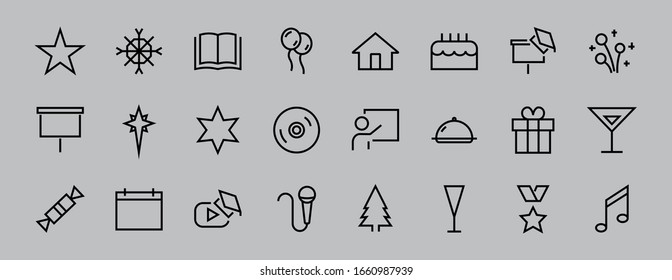 Simple set of celebration icons related to vector line. Contains icons such as music, new year, stars, balls, cake, karaoke, dj and much more. Editable stroke. 480x480
