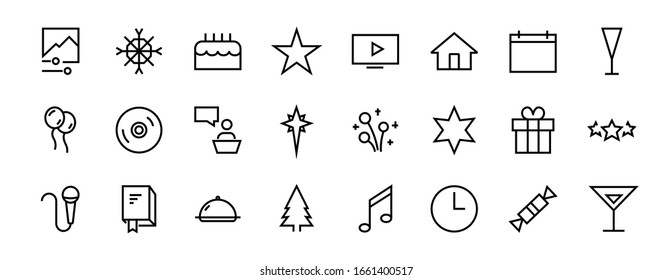 Simple set of celebration icons related to vector line. Contains icons such as music, new year, stars, balls, cake, karaoke, dj and much more. Editable stroke. 480x480.