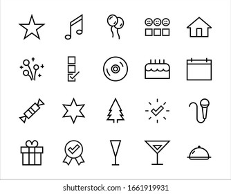  Simple set of celebration icons related to vector line. Contains icons such as music, new year, stars, balls, cake, karaoke, dj and much more. Editable stroke. 480x480.