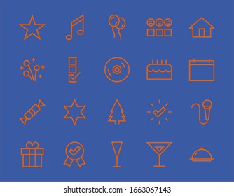 Simple set of celebration icons related to vector line. Contains icons such as music, new year, stars, balls, cake, karaoke, dj and much more. Editable stroke. 480x480.