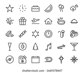  Simple set of celebration icons related to vector line. Contains icons such as music, new year, stars, balls, cake, karaoke, dj and much more. Editable stroke. 480x480.