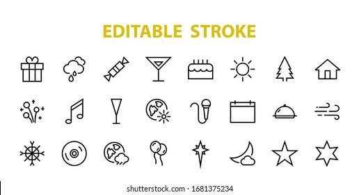  Simple set of celebration icons related to vector line. Contains icons such as music, new year, stars, balls, cake, karaoke, dj and much more. Editable stroke. 480x480.
