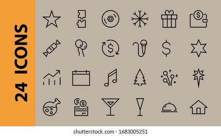 Simple set of celebration icons related to vector line. Contains icons such as music, new year, stars, balls, cake, karaoke, dj and much more. Editable stroke. 480x480.