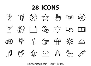 Simple set of celebration icons related to vector line. Contains icons such as music, new year, stars, balls, cake, karaoke, dj and much more. Editable stroke. 480x480.