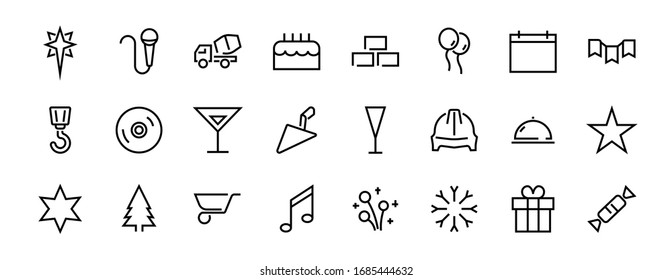 Simple set of celebration icons related to vector line. Contains icons such as music, new year, stars, balls, cake, karaoke, dj and much more. Editable stroke. 480x480.