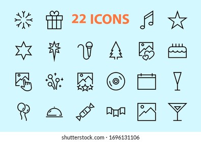  Simple set of celebration icons related to vector line. Contains icons such as music, new year, stars, balls, cake, karaoke, dj and much more. Editable stroke. 480x480.