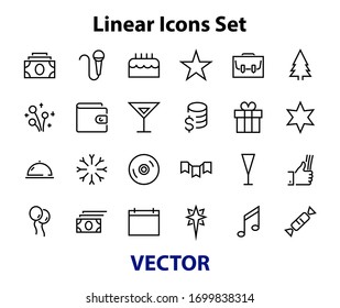  Simple set of celebration icons related to vector line. Contains icons such as music, new year, stars, balls, cake, karaoke, dj and much more. Editable stroke. 480x480.