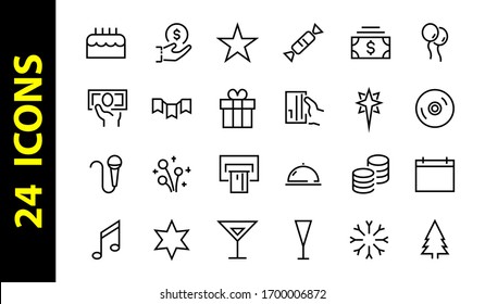  Simple set of celebration icons related to vector line. Contains icons such as music, new year, stars, balls, cake, karaoke, dj and much more. Editable stroke. 480x480.