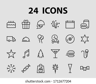 Simple set of celebration icons related to vector line. Contains icons such as music, new year, stars, balls, cake, karaoke, dj and much more. Editable stroke. 480x480.