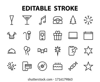 Simple set of celebration icons related to vector line. Contains icons such as music, new year, stars, balls, cake, karaoke, dj and much more. Editable stroke. 480x480.