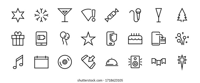 Simple set of celebration icons related to vector line. Contains icons such as music, new year, stars, balls, cake, karaoke, dj and much more. Editable stroke. 480x480.