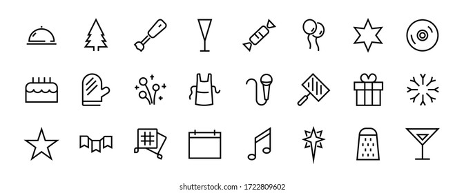 Simple set of celebration icons related to vector line. Contains icons such as music, new year, stars, balls, cake, karaoke, dj and much more. Editable stroke. 480x480.