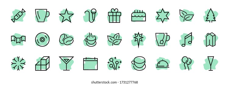 Simple set of celebration icons related to vector line. Contains icons such as music, new year, stars, balls, cake, karaoke, dj and much more. Editable stroke. 480x480.