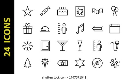 Simple set of celebration icons related to vector line. Contains icons such as music, new year, stars, balls, cake, karaoke, dj and much more. Editable stroke. 480x480.