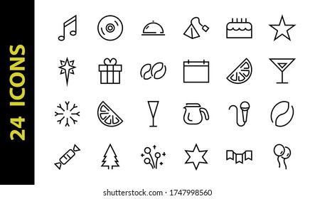 Simple set of celebration icons related to vector line. Contains icons such as music, new year, stars, balls, cake, karaoke, dj and much more. Editable stroke. 480x480.