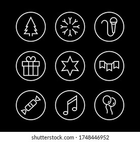 Simple set of celebration icons related to vector line. Contains icons such as music, new year, stars, balls, cake, karaoke, dj and much more. Editable stroke. 480x480.