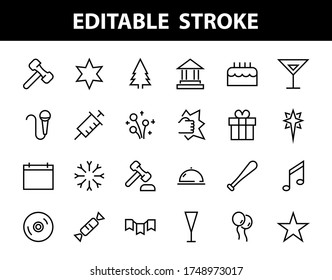 Simple set of celebration icons related to vector line. Contains icons such as music, new year, stars, balls, cake, karaoke, dj and much more. Editable stroke. 480x480.