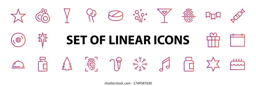 Simple set of celebration icons related to vector line. Contains icons such as music, new year, stars, balls, cake, karaoke, dj and much more. Editable stroke. 480x480.