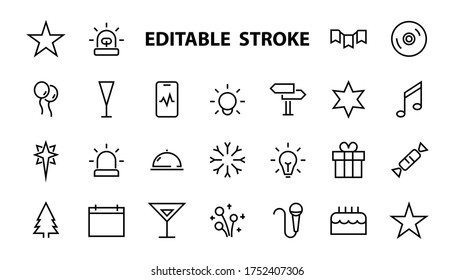 Simple set of celebration icons related to vector line. Contains icons such as music, new year, stars, balls, cake, karaoke, dj and much more. Editable stroke. 480x480.