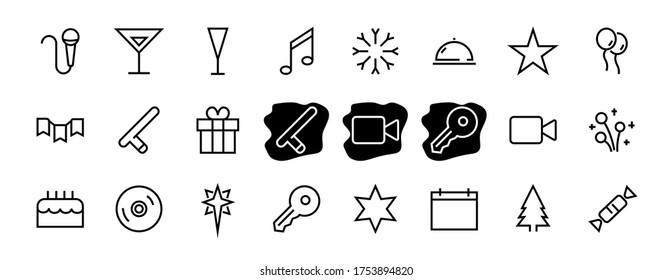 Simple set of celebration icons related to vector line. Contains icons such as music, new year, stars, balls, cake, karaoke, dj and much more. Editable stroke. 480x480.