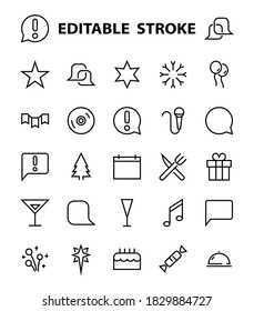 Simple set of celebration icons related to vector line. Contains icons such as music, new year, stars, balls, cake, karaoke, dj and much more. Editable stroke. 480x480.