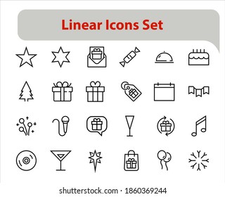 Simple set of celebration icons related to vector line. Contains icons such as music, new year, stars, balls, cake, karaoke, dj and much more. Editable stroke. 480x480.