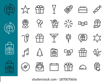 Simple set of celebration icons related to vector line. Contains icons such as music, new year, stars, balls, cake, karaoke, dj and much more. Editable stroke. 480x480.