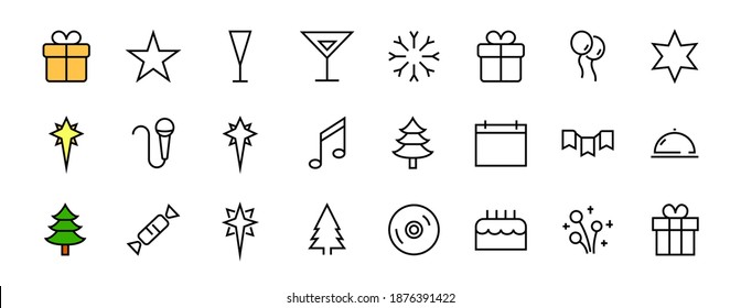 Simple set of celebration icons related to vector line. Contains icons such as music, new year, stars, balls, cake, karaoke, dj and much more. Editable stroke. 480x480.