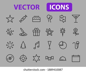  Simple set of celebration icons related to vector line. Contains icons such as music, new year, stars, balls, cake, karaoke, dj and much more. Editable stroke. 480x480.