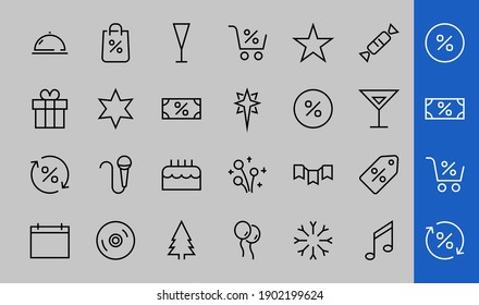  Simple set of celebration icons related to vector line. Contains icons such as music, new year, stars, balls, cake, karaoke, dj and much more. Editable stroke. 480x480.