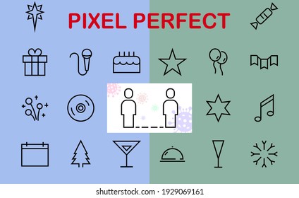  Simple set of celebration icons related to vector line. Contains icons such as music, new year, stars, balls, cake, karaoke, dj and much more. Editable stroke. 480x480.