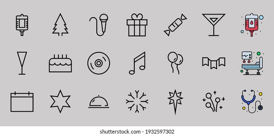  Simple set of celebration icons related to vector line. Contains icons such as music, new year, stars, balls, cake, karaoke, dj and much more. Editable stroke. 480x480.