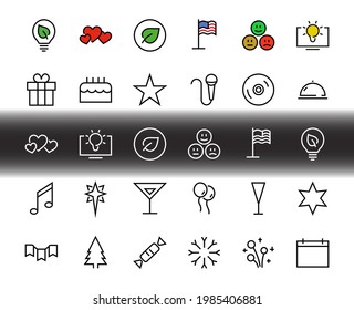  Simple set of celebration icons related to vector line. Contains icons such as music, new year, stars, balls, cake, karaoke, dj and much more. Editable stroke. 480x480.