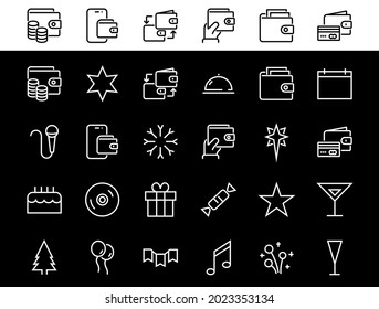  Conjunto simple de iconos de celebración relacionados con la línea vectorial. Contiene íconos como música, año nuevo, estrellas, bolas, tarta, karaoke, dj y mucho más. Trazo editable. 480x480.