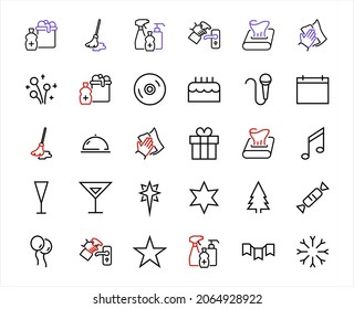  Simple set of celebration icons related to vector line. Contains icons such as music, new year, stars, balls, cake, karaoke, dj and much more. Editable stroke. 480x480.
