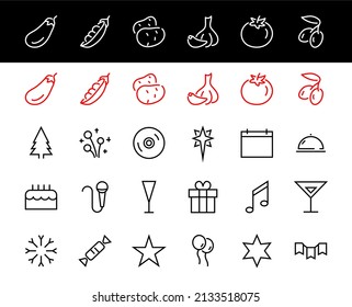  Simple set of celebration icons related to vector line. Contains icons such as music, new year, stars, balls, cake, karaoke, dj and much more. Editable stroke. 480x480.
