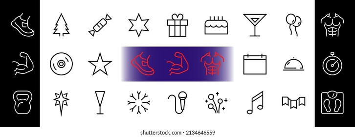  Simple set of celebration icons related to vector line. Contains icons such as music, new year, stars, balls, cake, karaoke, dj and much more. Editable stroke. 480x480.