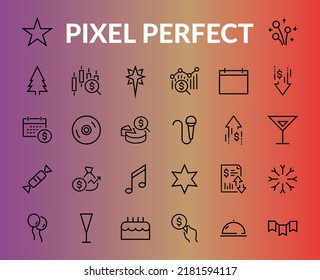  Simple set of celebration icons related to vector line. Contains icons such as music, new year, stars, balls, cake, karaoke, dj and much more. Editable stroke. 480x480.