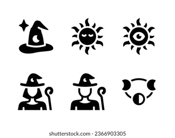 Simple Set of Celestial and Witchcraft Related Vector Solid Icons. Contains Icons as Witch Hat, Mystical Sun, wizard and more.