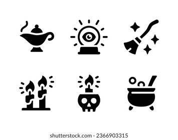 Simple Set of Celestial and Witchcraft Related Vector Solid Icons. Contains Icons as Magic Lamp, Crystal Ball, Broomstick and more.