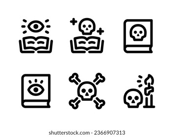 Simple Juego de Iconos de línea de vectores celestes y de brujería. Contiene iconos como libro mágico, huesos de cráneo, velas y más.