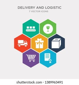simple set of certificate, trolley, package, gift icons, contains such as icons delivery truck, fragile, conveyor and more. 64x64 pixel perfect. infographics vector