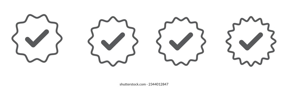 Simple set of Checkmark vector icon in star badge. Symbol of approval. Flat Verified icon with soft grey outline. Tick in rounded corners star. Check mark symbol. Verification Vector illustration.