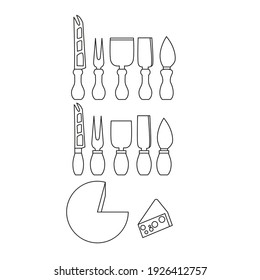 Simple Set of cheese knives Vector Line Icons. Contains such Icons as cheese knife, and more. Vector drawn illustration of Parmesan Knife and Tools in modern vector style. Isolated on white background